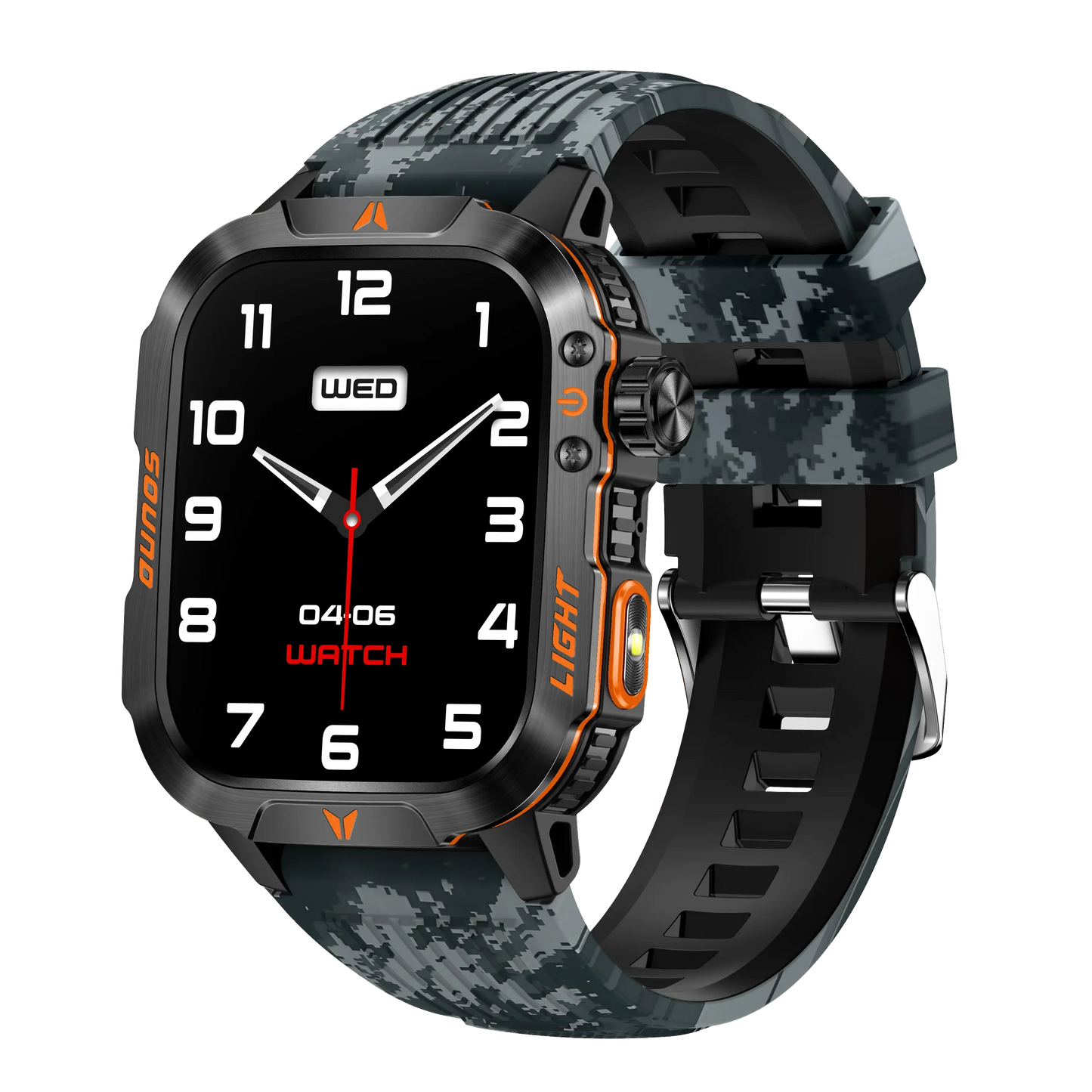 Alcom Distribution 2024 smart fitness watch with digital display and camouflage strap