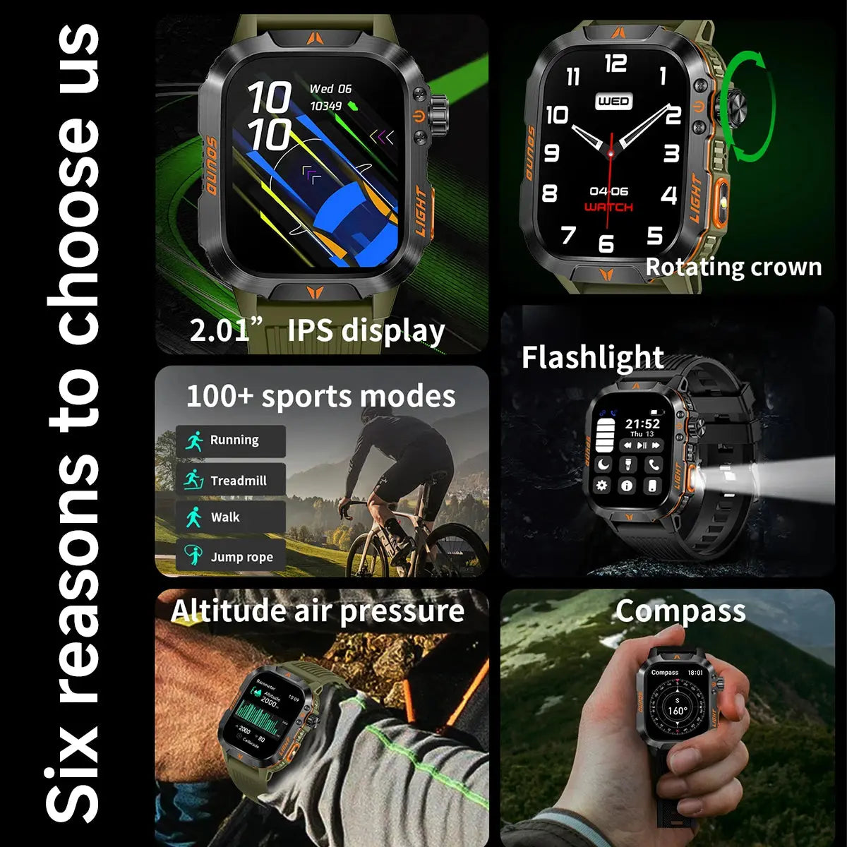 Alcom Distribution 2024 smart fitness watch with 2.01 inch IPS display rotating crown flashlight compass and 100 sports modes
