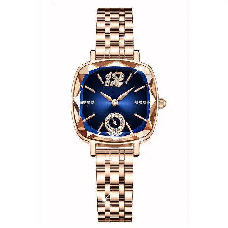 Alcom Distribution rose gold bracelet luxury women's watch with blue sunray dial and crystal accents