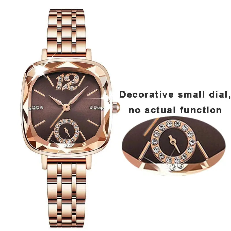 Alcom Distribution luxury women's watch rose gold bracelet with brown faceted square dial decorative subdial and crystal accents