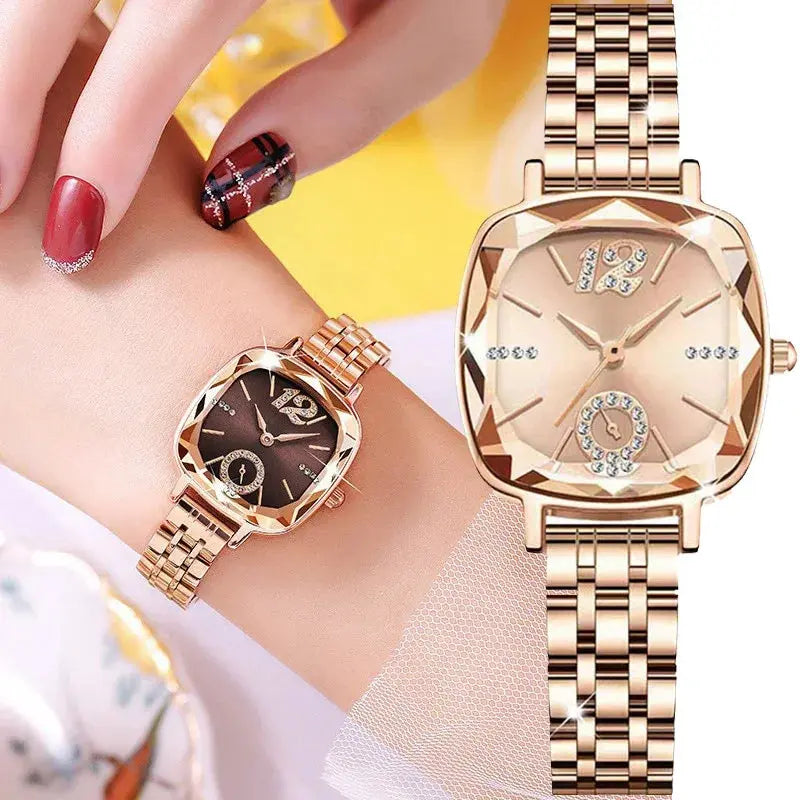 Alcom Distribution rose gold bracelet luxury women's watch with faceted square crystal dial on wrist