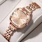 Alcom Distribution rose gold luxury women's watch with faceted square crystal bezel and metal bracelet