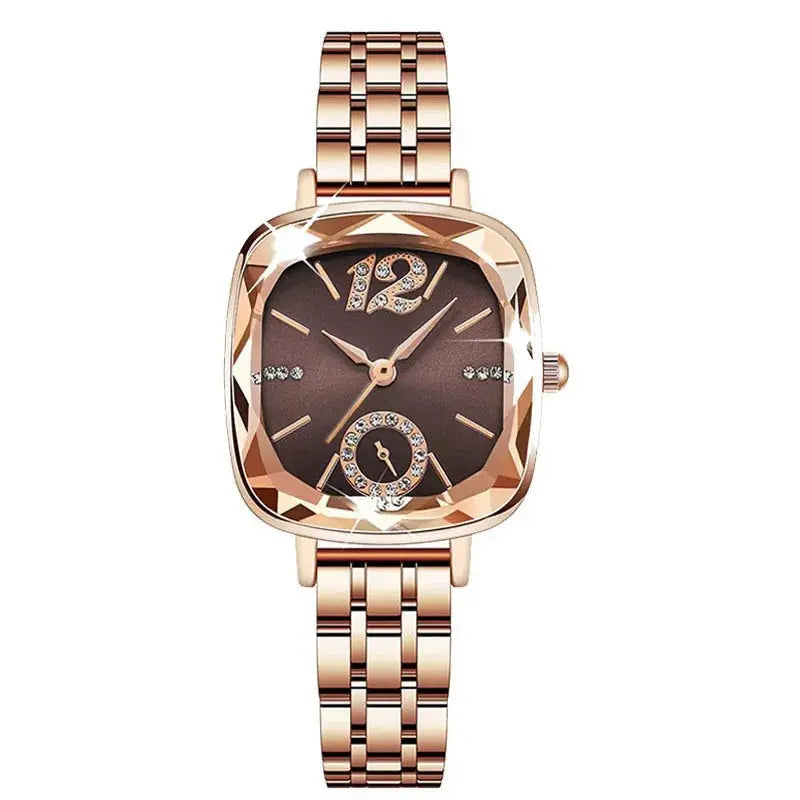 Alcom Distribution rose gold square faceted bezel luxury women's watch with brown crystal dial and bracelet band
