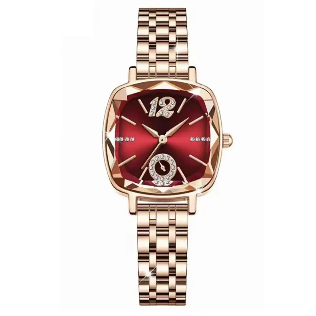 Alcom Distribution rose gold bracelet luxury women's watch with red faceted square dial and crystal accents