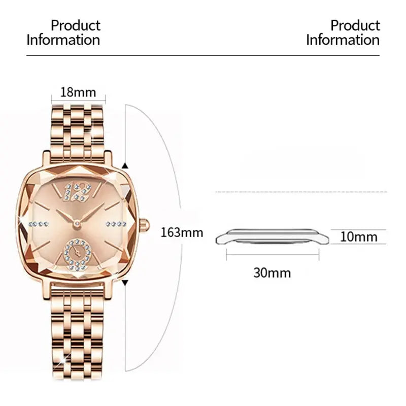 Alcom Distribution rose gold luxury women's watch with square faceted crystal bezel and metal link bracelet