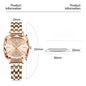 Alcom Distribution rose gold luxury women's watch with square faceted crystal bezel and metal link bracelet