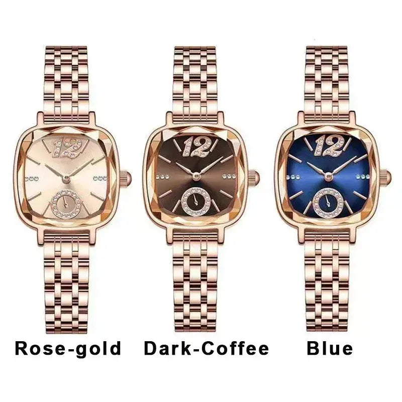 Alcom Distribution luxury women's watch trio with rose gold bracelets and rose gold dark coffee and blue dials