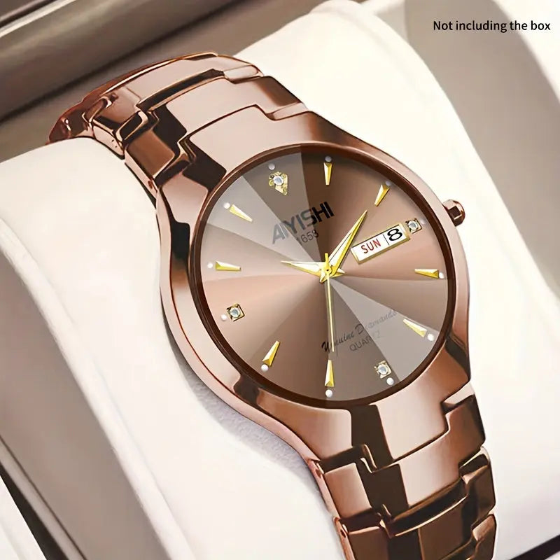 Alcom Distribution fashionable waterproof watch with rose gold metal band and brown dial with date display