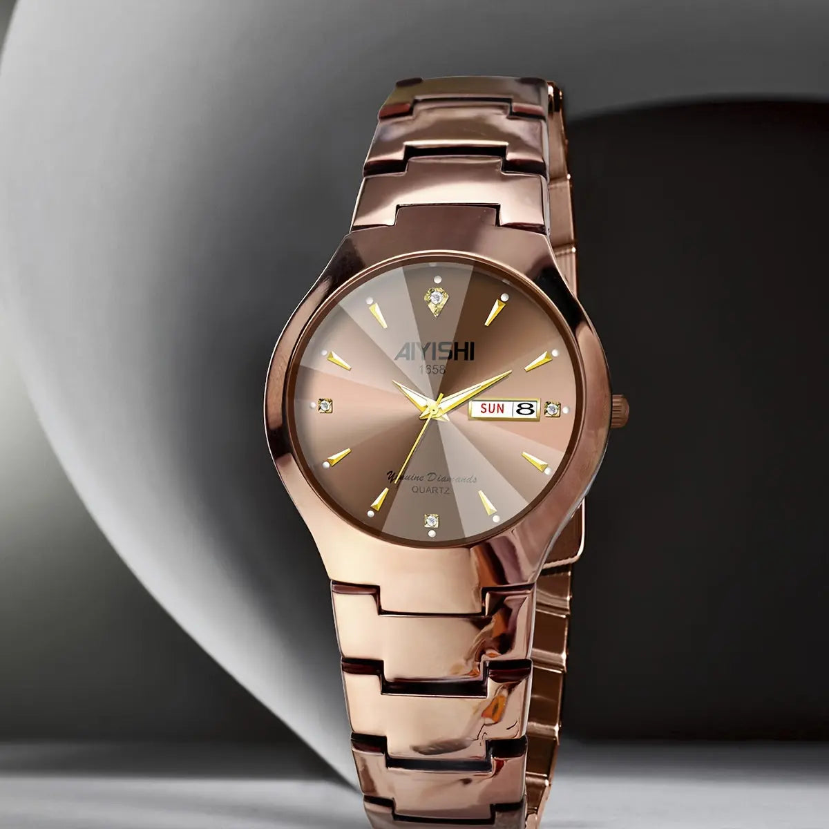 Alcom Distribution rose gold fashionable waterproof watch with diamond accents and date display