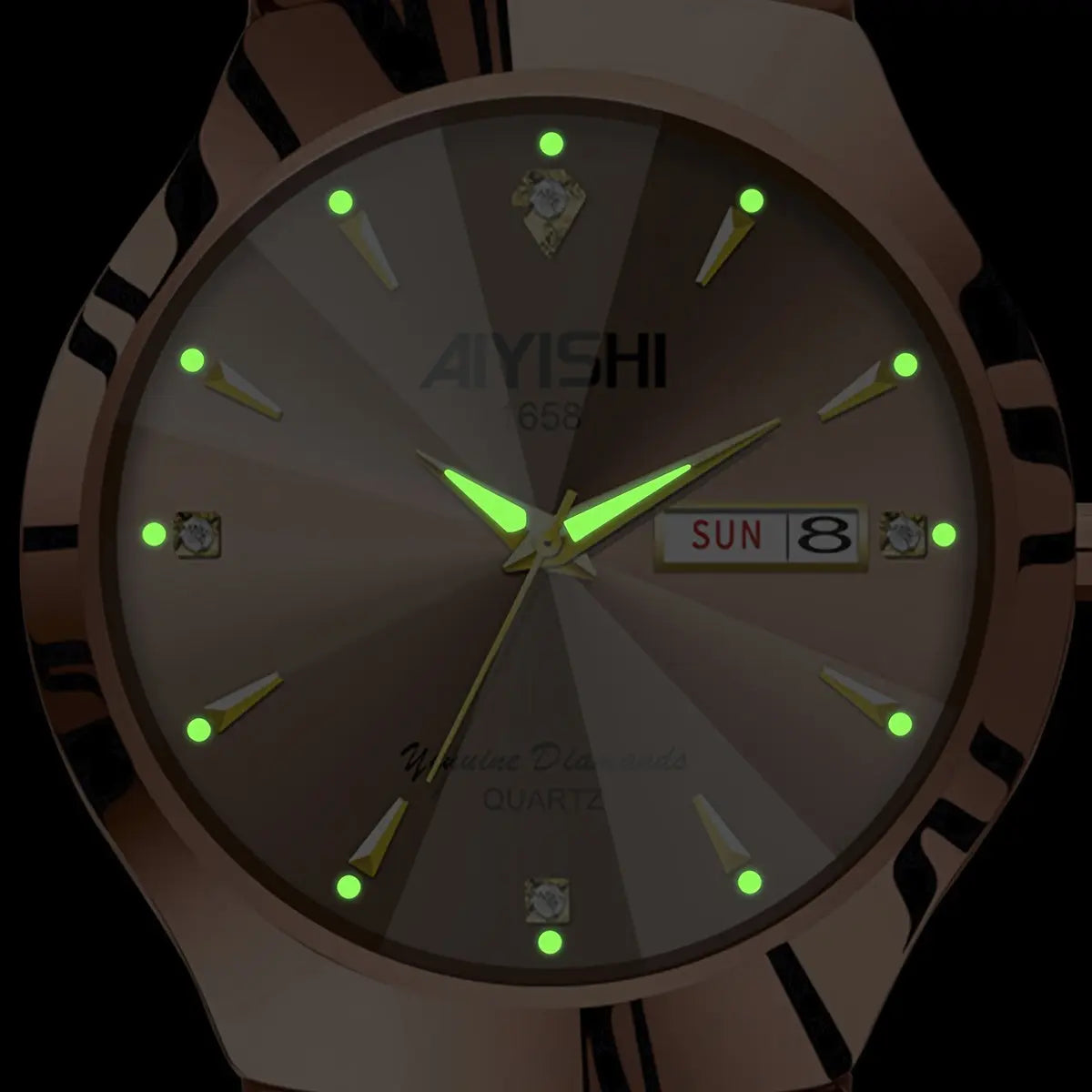 Alcom Distribution fashionable waterproof watch with glowing hands and diamond markers