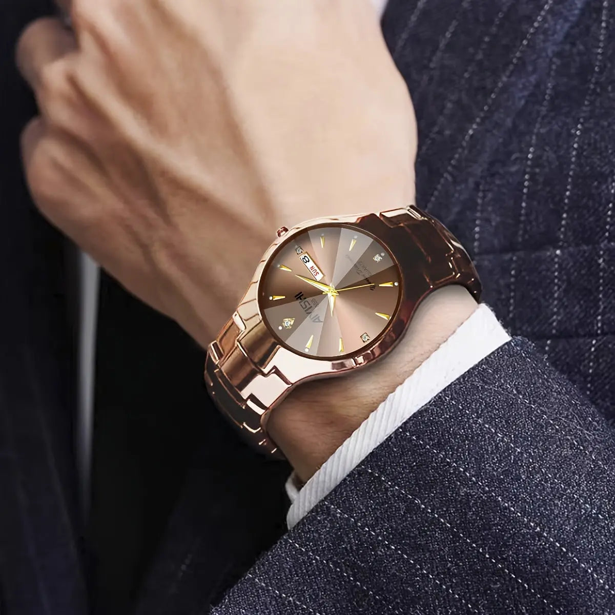 Fashionable waterproof watch from Alcom Distribution with a sleek rose gold metal band on wrist