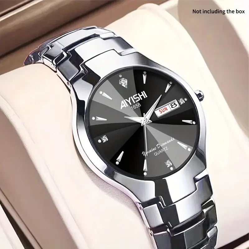 Alcom Distribution fashionable waterproof watch with black dial and silver metal strap
