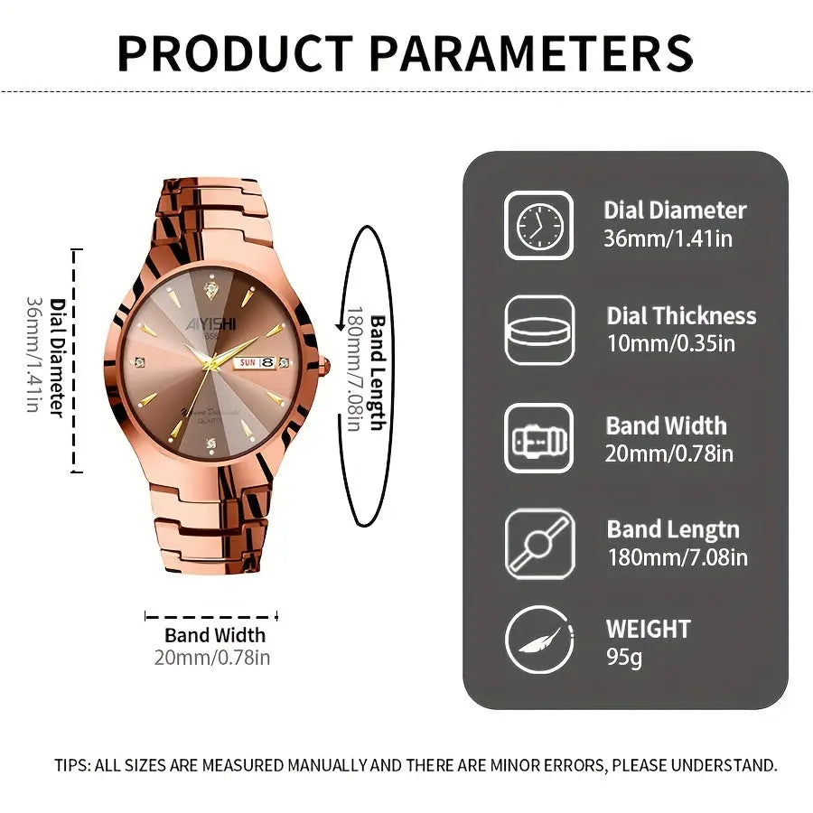 Fashionable waterproof watch by Alcom Distribution with rose gold metal strap and 36mm dial diameter