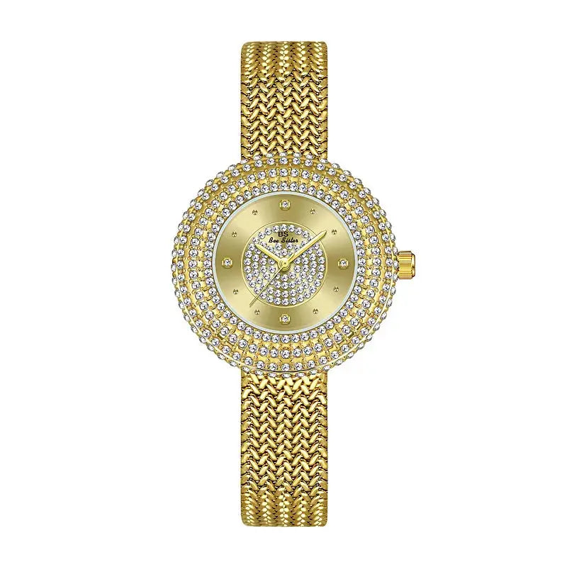 Alcom Distribution gold crystal pave mesh bracelet hot-selling ladies quartz watch with round gold dial and rhinestone bezel