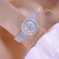 Alcom Distribution hot-selling ladies quartz watch silver crystal round face mesh band on wrist with diamond bracelet