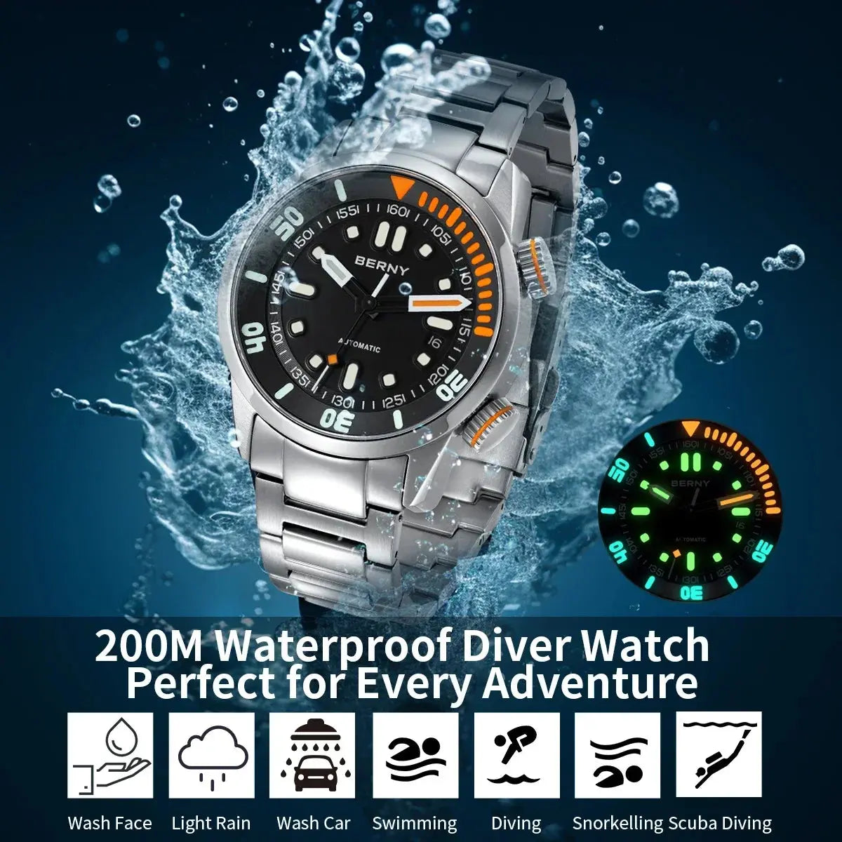 BERNY automatic watch stainless steel waterproof diver watch with luminescent markers and 200M water resistance