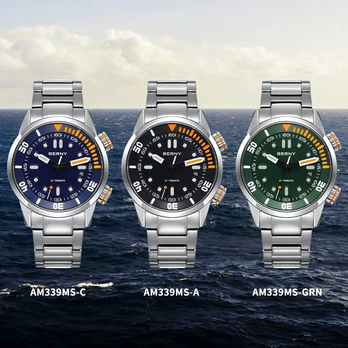 BERNY automatic watch collection by Alcom Distribution featuring blue black and green dial stainless steel bands