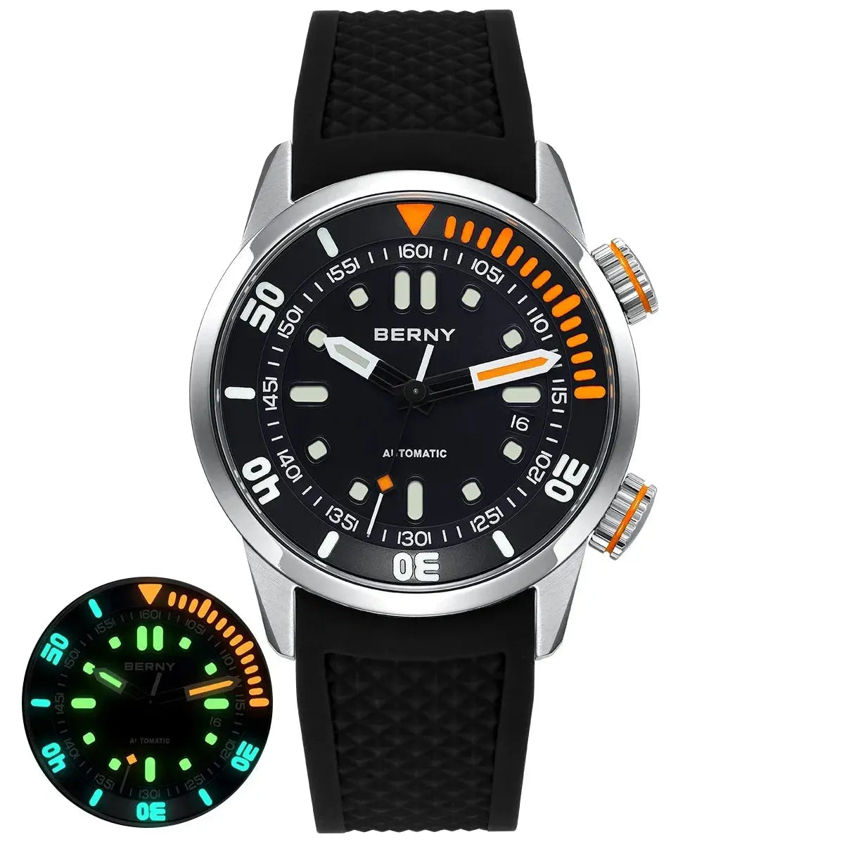 BERNY automatic watch with black dial, orange accents, luminous hands, and black textured strap
