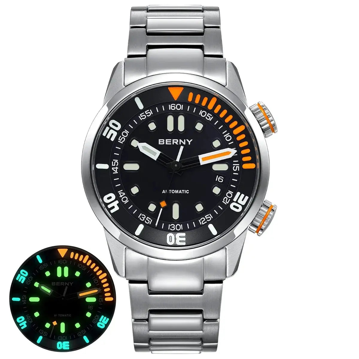 BERNY automatic watch with silver stainless steel band and black dial with orange accents