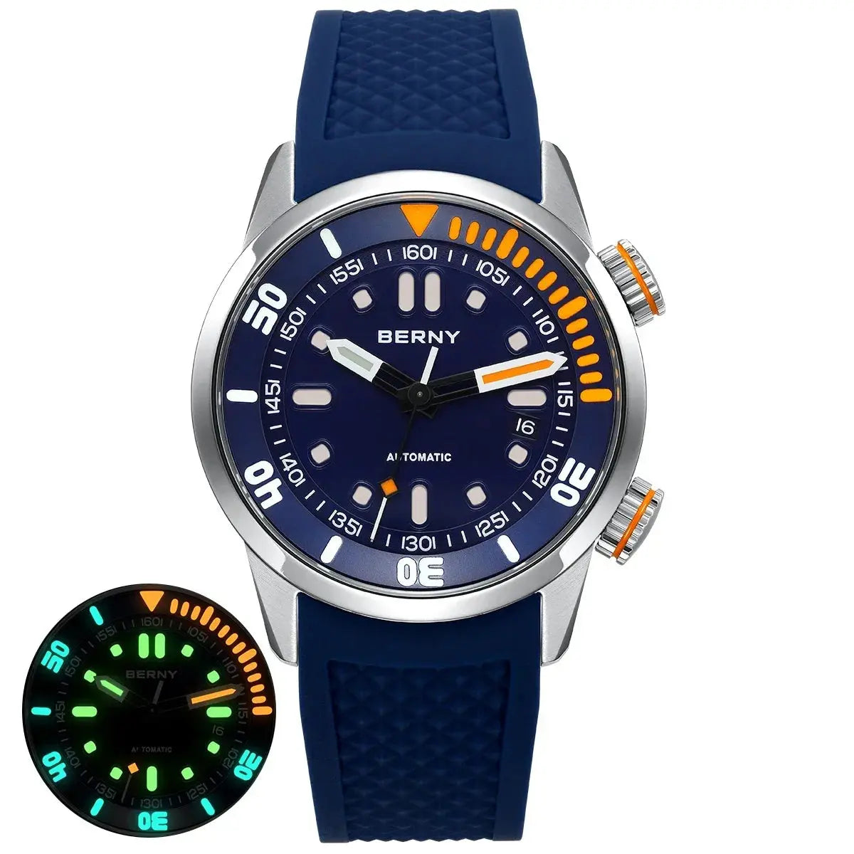 BERNY automatic watch with blue dial and orange accents featuring luminous hands and blue silicone strap