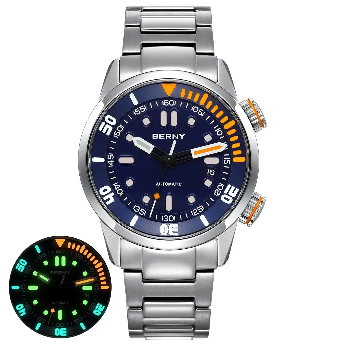 BERNY automatic watch with stainless steel band and blue dial featuring orange accents and luminous hands