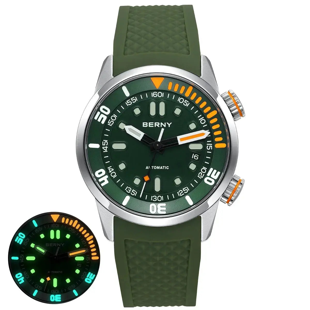 BERNY automatic watch with green dial and silicone strap by Alcom Distribution with luminous markers