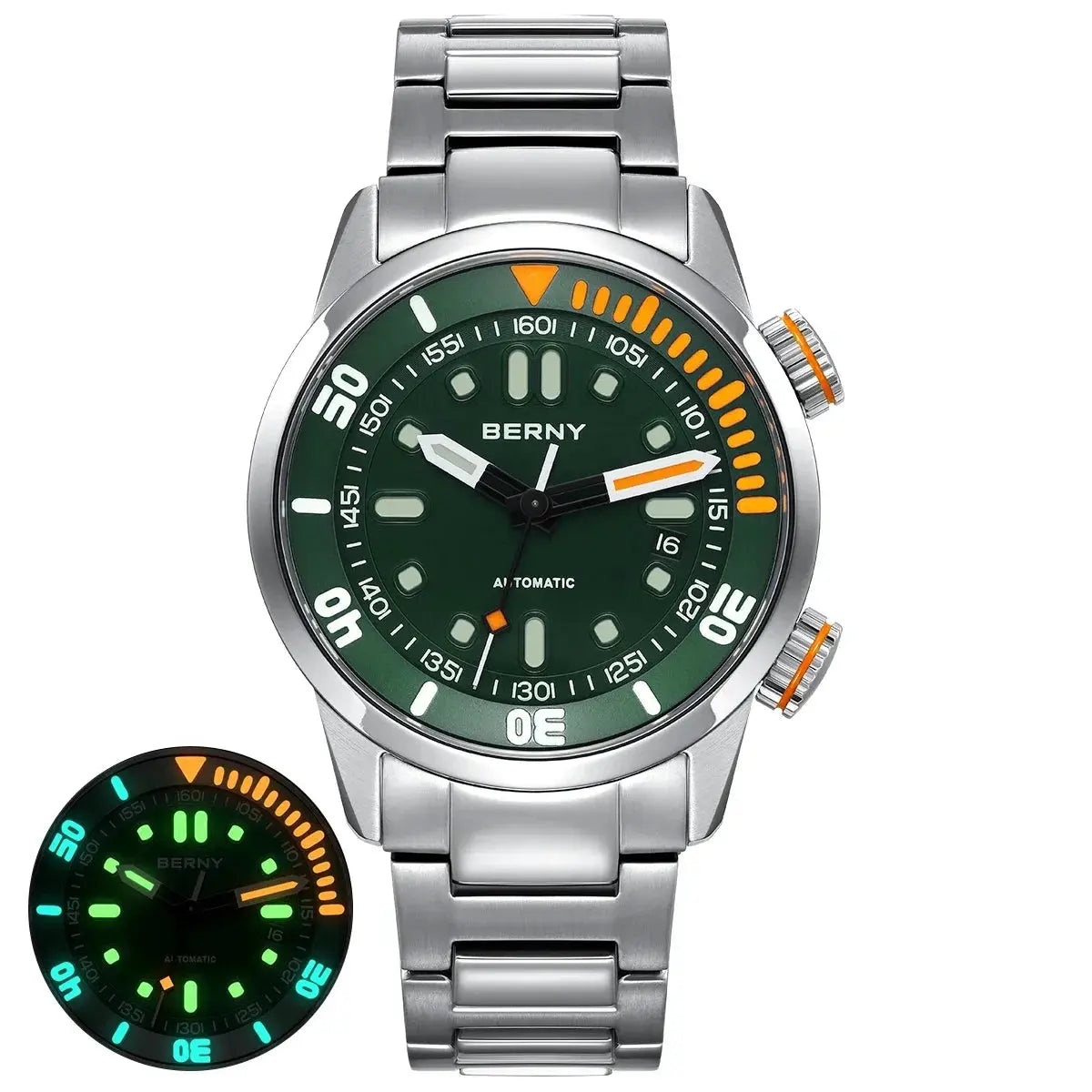 BERNY automatic watch with green dial and stainless steel band by Alcom Distribution