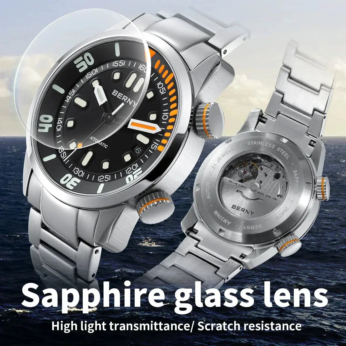 BERNY automatic watch with stainless steel band and sapphire glass lens showing front and back views