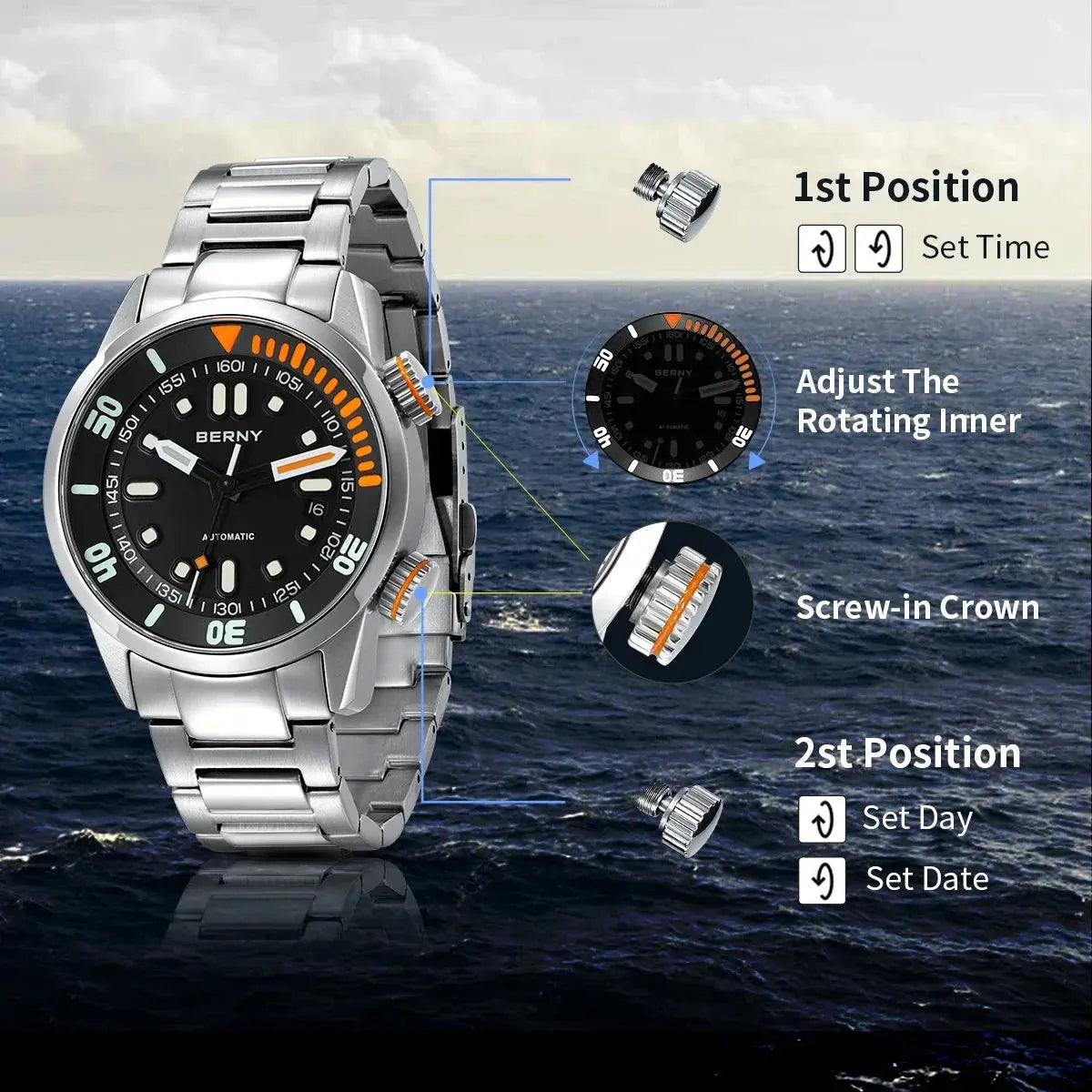 BERNY automatic watch with stainless steel band and rotating inner bezel showing time and date settings