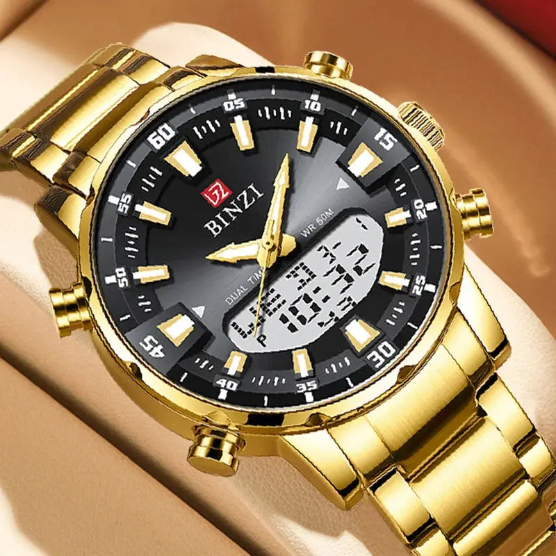 Prestige golden watch for men by Alcom Distribution with black dial and digital display