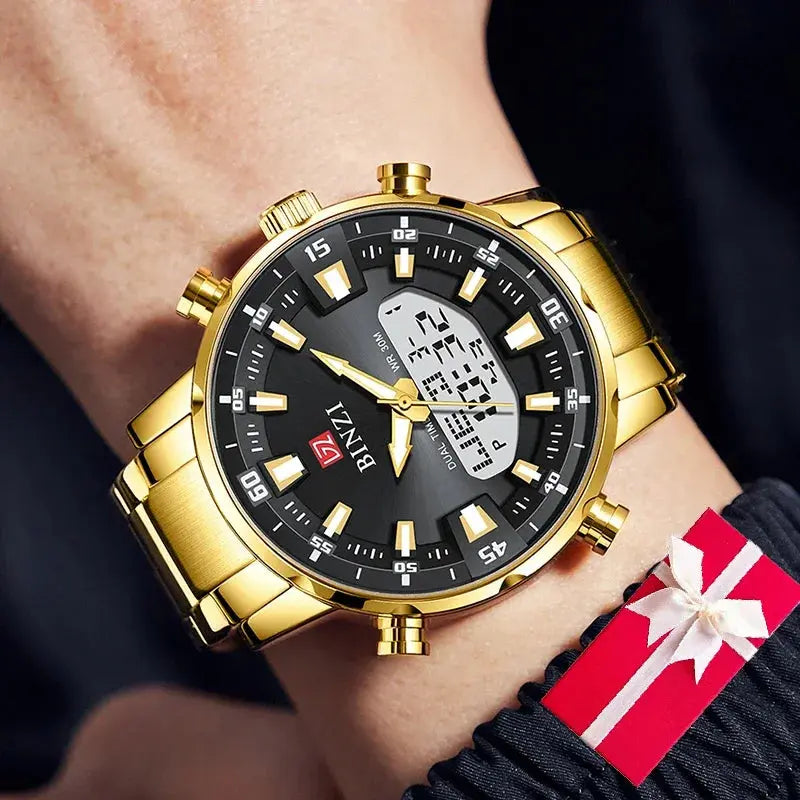Prestige golden watch for men with black dial and gold metal strap by Alcom Distribution