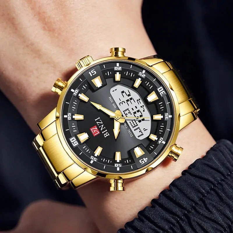 Prestige golden watch for men by Alcom Distribution featuring a black dial and digital display