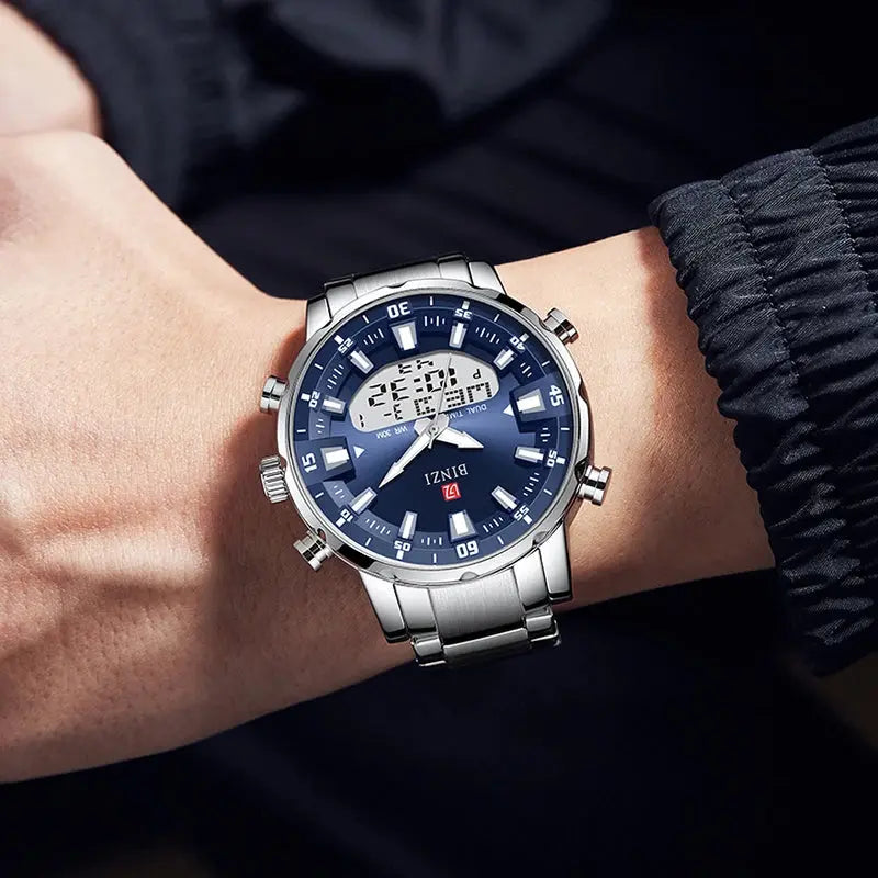 Prestige golden watch for men with silver metal band and blue dial on wrist by Alcom Distribution
