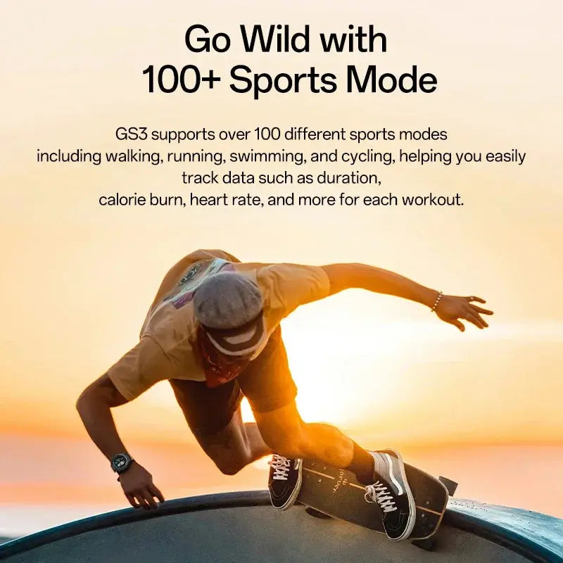 Rugged outdoor smartwatch 21-day battery worn by skateboarder tracking over 100 sports modes