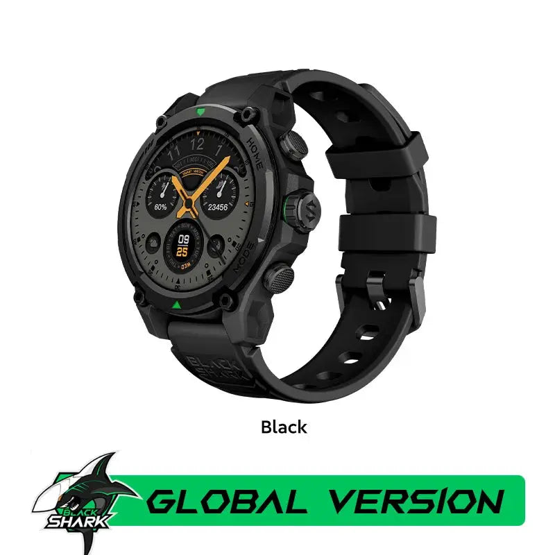Black rugged outdoor smartwatch 21-day battery with durable design and multiple function buttons