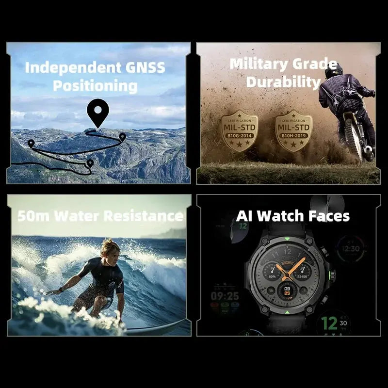 Rugged outdoor smartwatch 21-day battery with military grade durability waterproof to 50m and AI watch faces