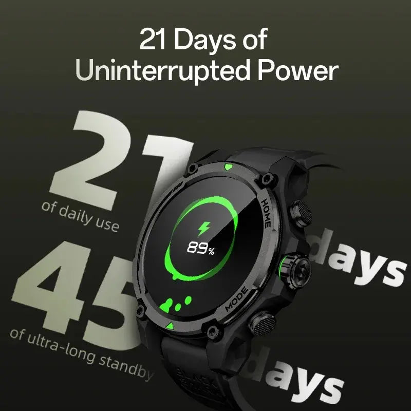 Rugged outdoor smartwatch 21-day battery with 89 percent charge and black durable design