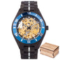BOBO BIRD men's mechanical wood watch with blue bezel and visible gears, presented with wooden box