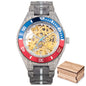 BOBO BIRD men's mechanical wood watch with exposed gold gears and red and blue bezel by Alcom Distribution