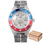 BOBO BIRD men's mechanical wood watch with gray wood strap and red blue bezel, includes wooden box