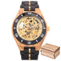 BOBO BIRD men's mechanical wood watch with exposed gold gears and black wooden strap by Alcom Distribution