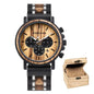 Alcom Distribution sustainable watches for men with wooden dial and black chronograph strap with wooden box