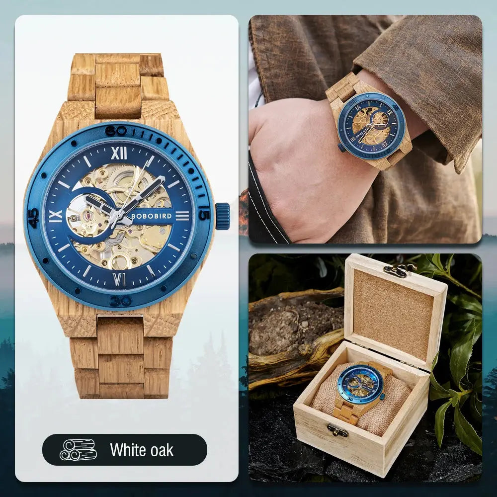 Luxury wooden mechanical watch by Alcom Distribution with blue dial and white oak strap