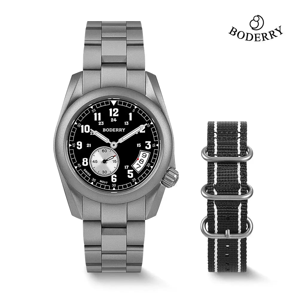 Titanium adventure watch by Alcom Distribution with black dial, silver metal band, and extra black striped fabric strap