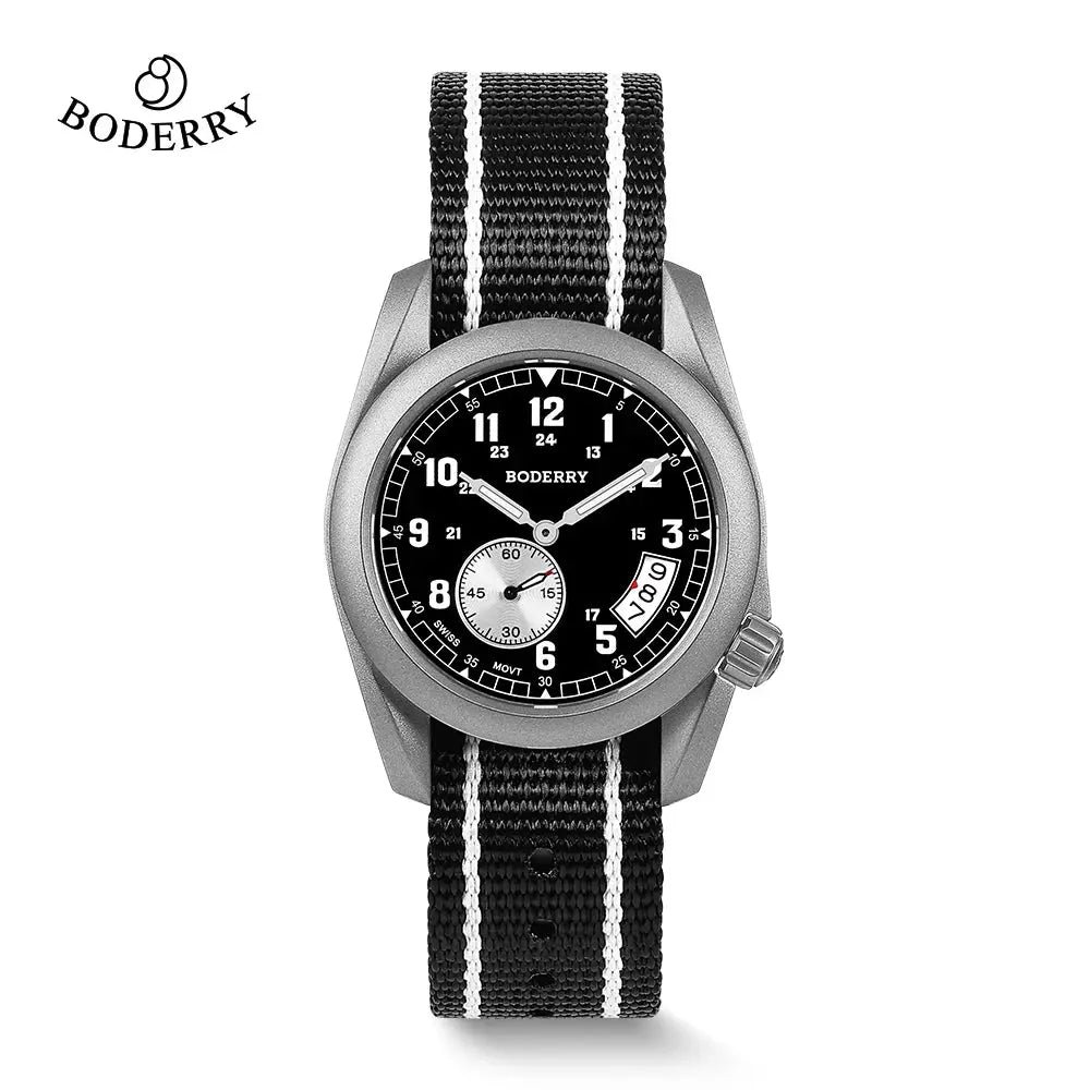 Boderry titanium adventure watch with black dial and black striped fabric strap by Alcom Distribution