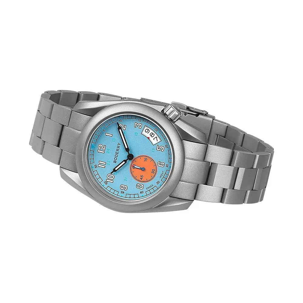 Alcom Distribution titanium adventure watch with blue and orange dial and metal link bracelet