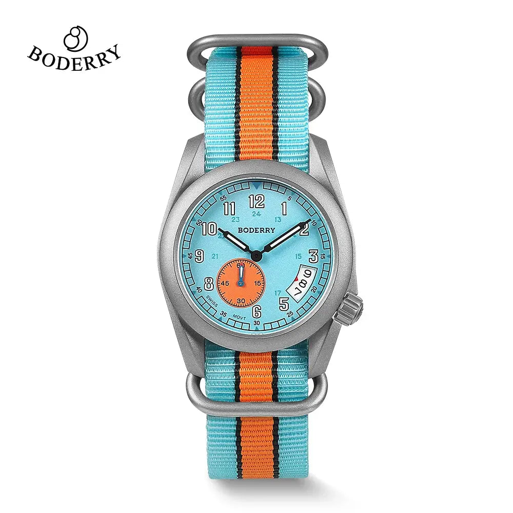 Boderry titanium adventure watch with blue and orange nylon strap by Alcom Distribution