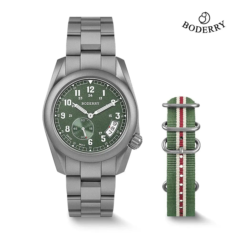 Titanium adventure watch by Boderry with green dial and extra green fabric strap from Alcom Distribution