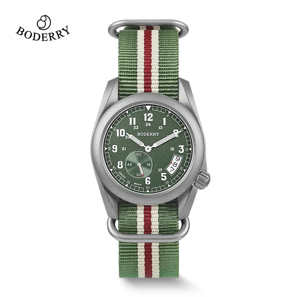 Boderry titanium adventure watch with green dial and striped green white red nylon strap