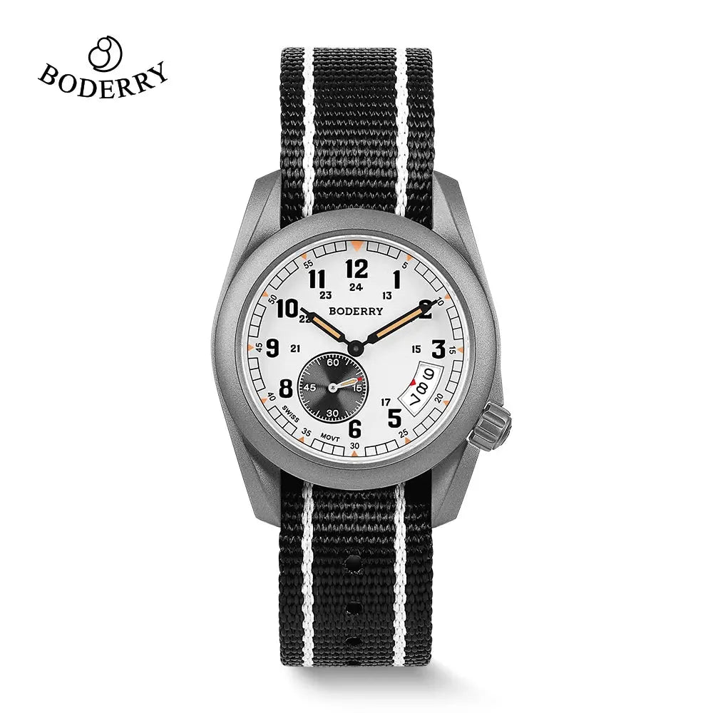 Boderry titanium adventure watch with white dial and black striped fabric strap by Alcom Distribution
